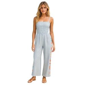 Savanna Jane Pinstripe Floral Embroidered Wide Leg Jumpsuit Large Boho Beach